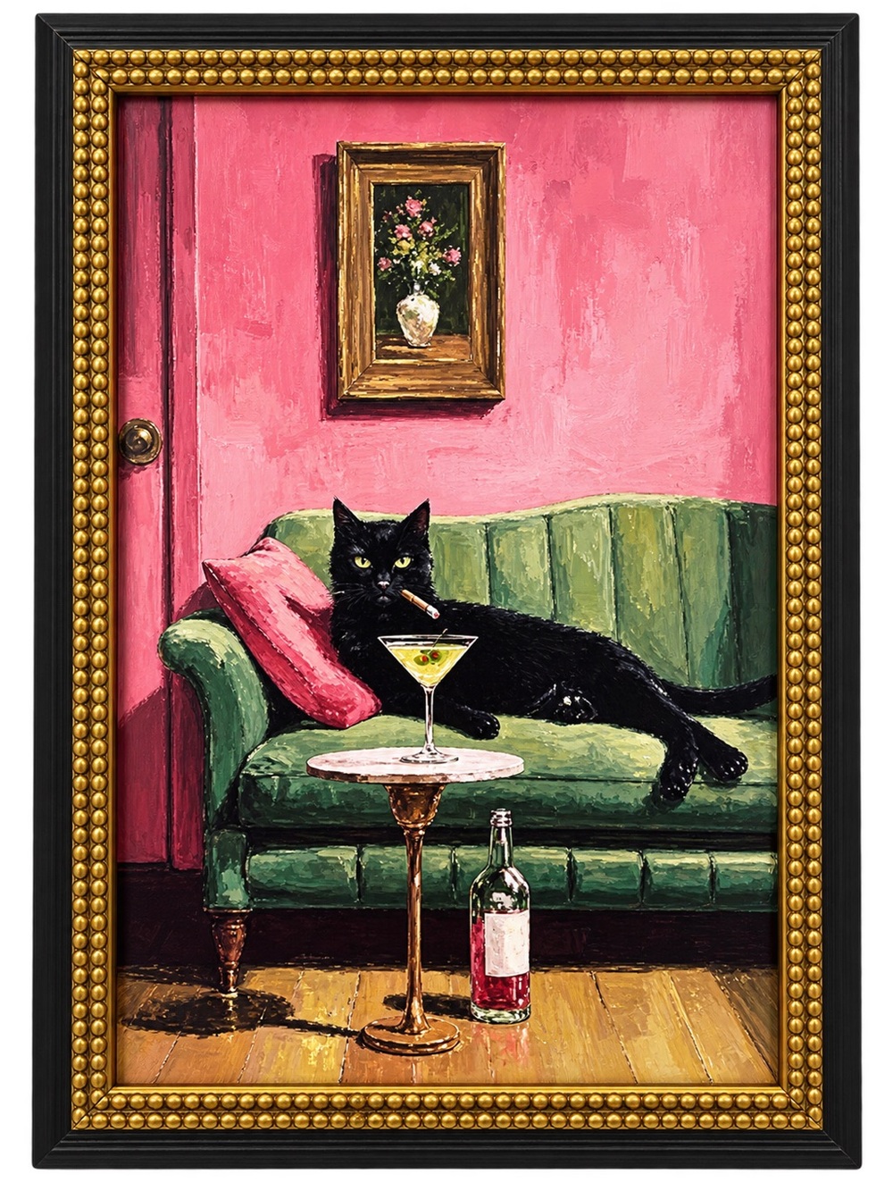 Black Cat Martini Framed Wall Art - Vintage Inspired Maximalist Cocktail Decor